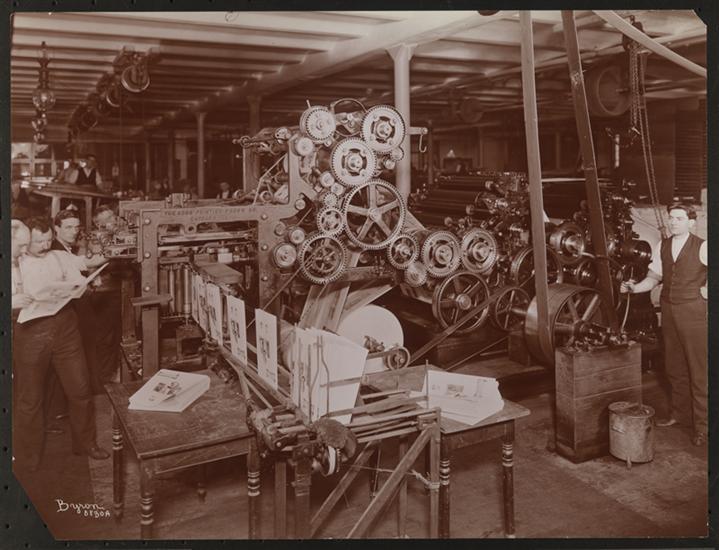 Historic image of a printing press in the Christian Herald press room