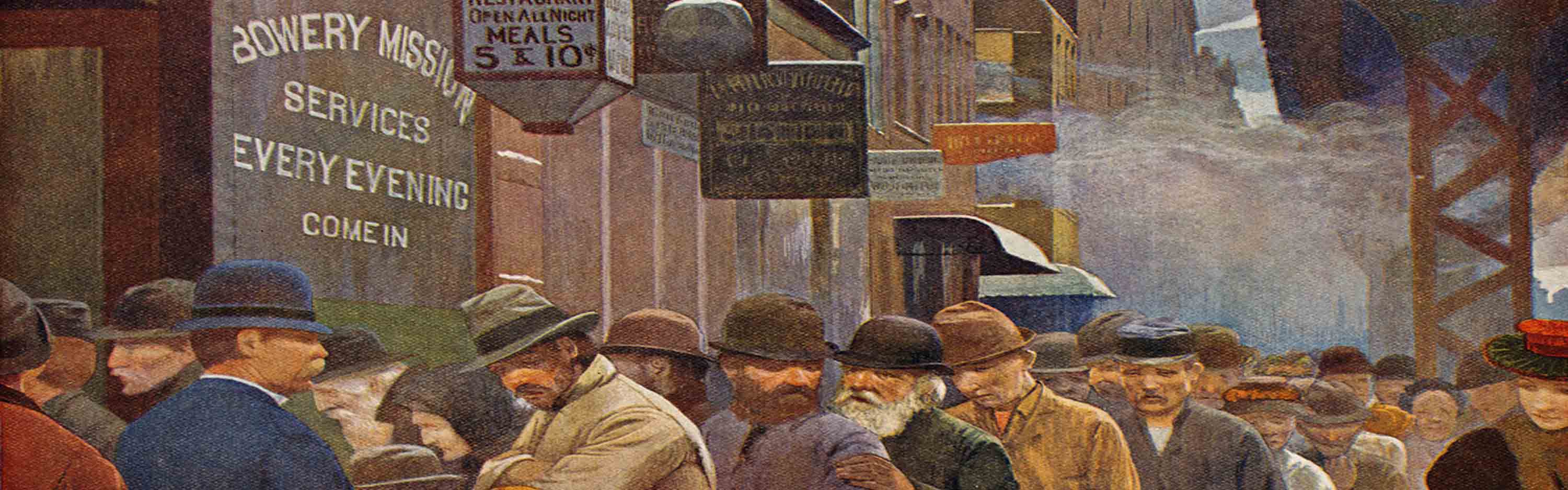 Illustration from the cover of the Christian Herald, December 30, 1896, showing men in the bread line at the Bowery Mission, New York